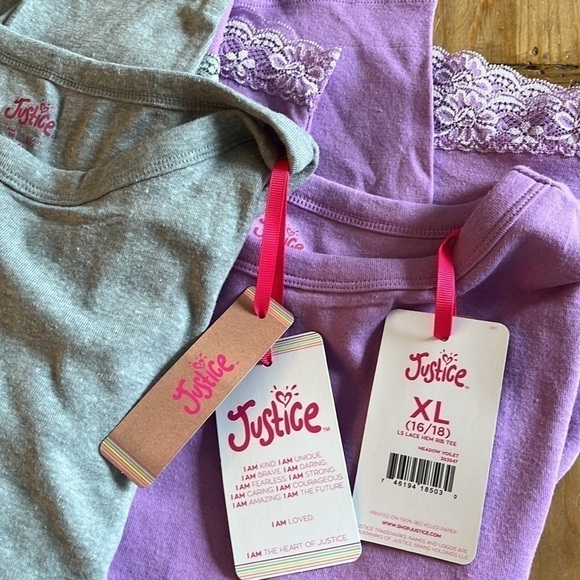 NWT Justice Long Sleeve Lace Hem Rib Tee Set of 2 Gray & Lilac XL 16/18 - Picture 11 of 11